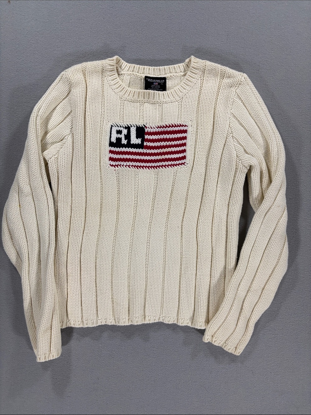 Polo Jeans co. Ralph Lauren Cream Cable Knit sweater flag XL